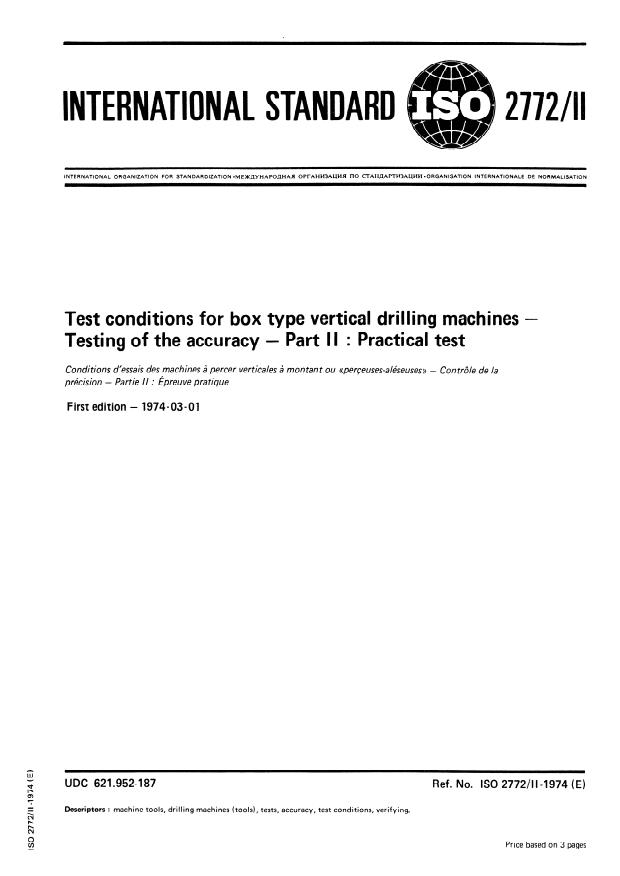 ISO 2772-2:1974 - Test conditions for box type vertical drilling machines -- Testing of the accuracy