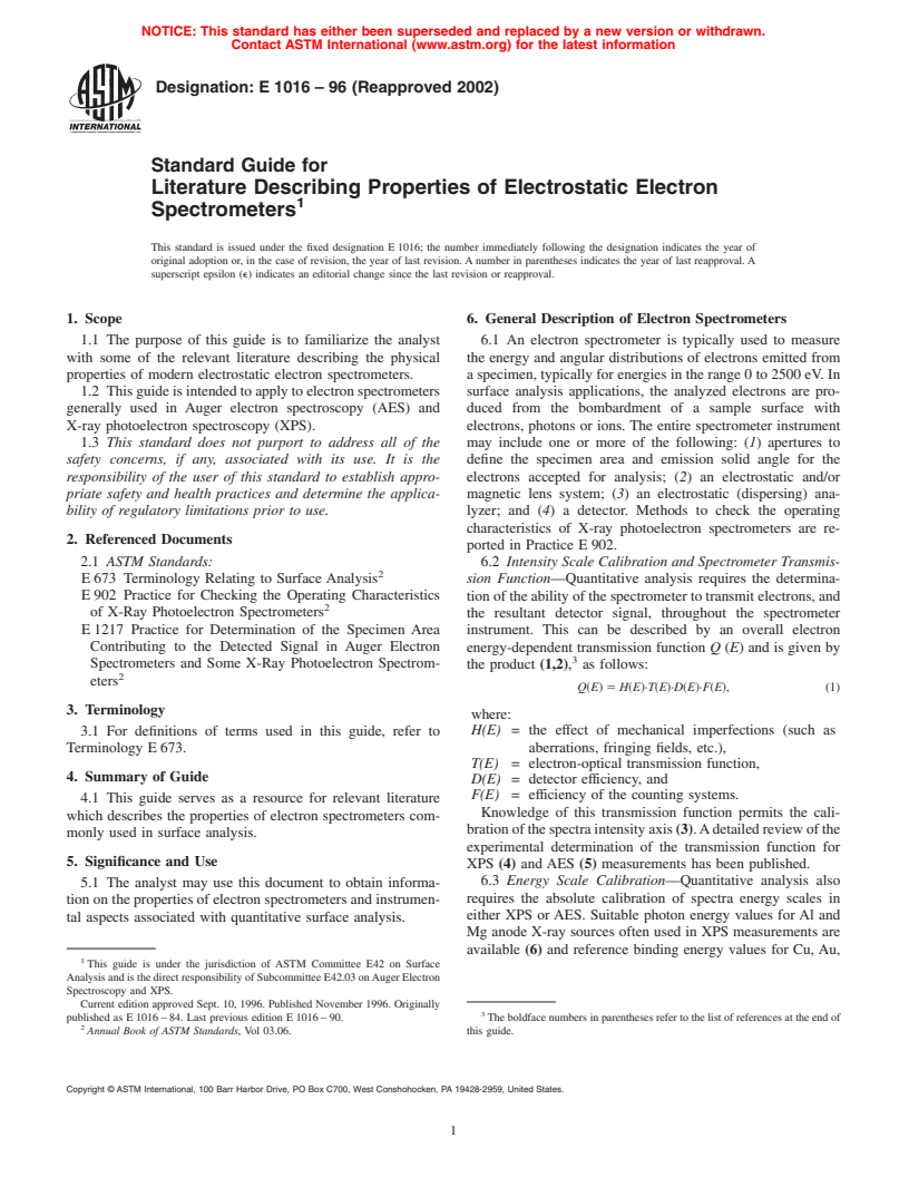 ASTM E1016-96(2002) - Standard Guide for Literature Describing Properties of Electrostatic Electron Spectrometers