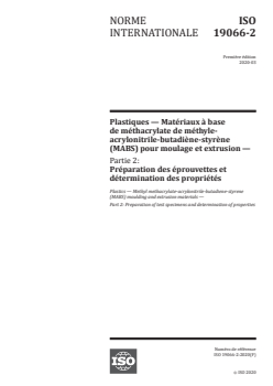 ISO 19066-2:2020 ISO 19066-2:2020 - Plastiques — Matériaux à base de méthacrylate de méthyle-acrylonitrile-butadiène-styrène (MABS) pour moulage et extrusion — Partie 2: Préparation des éprouvettes et détermination des propriétés
Released:3/17/2020 - Page 1 preview