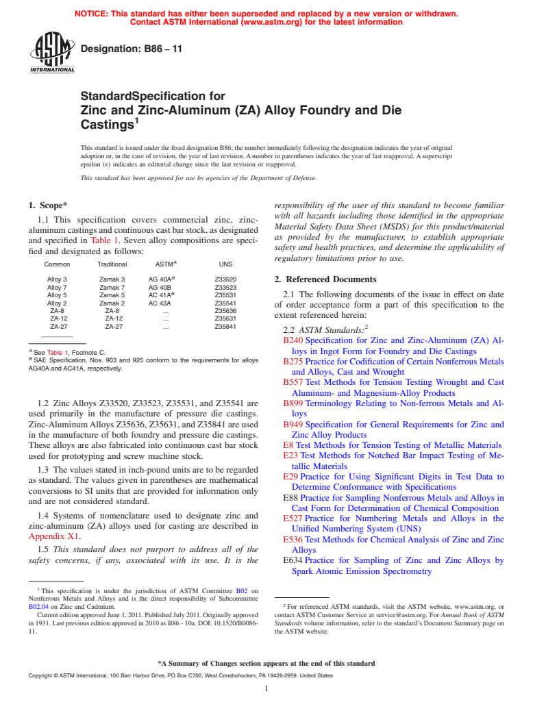 ASTM B86-11 - Standard Specification for Zinc and Zinc-Aluminum (ZA) Alloy Foundry and Die Castings