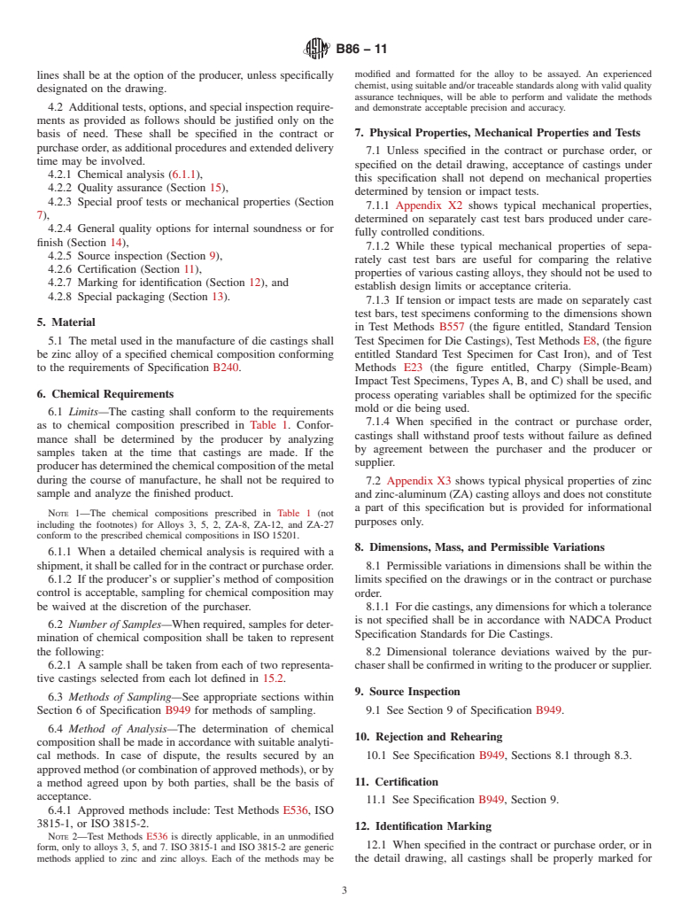 ASTM B86-11 - Standard Specification for Zinc and Zinc-Aluminum (ZA) Alloy Foundry and Die Castings