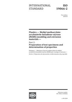 ISO 19066-2:2020 ISO 19066-2:2020 - Plastics — Methyl methacrylate-acrylonitrile-butadiene-styrene (MABS) moulding and extrusion materials — Part 2: Preparation of test specimens and determination of properties
Released:3/17/2020 - Page 1 preview
