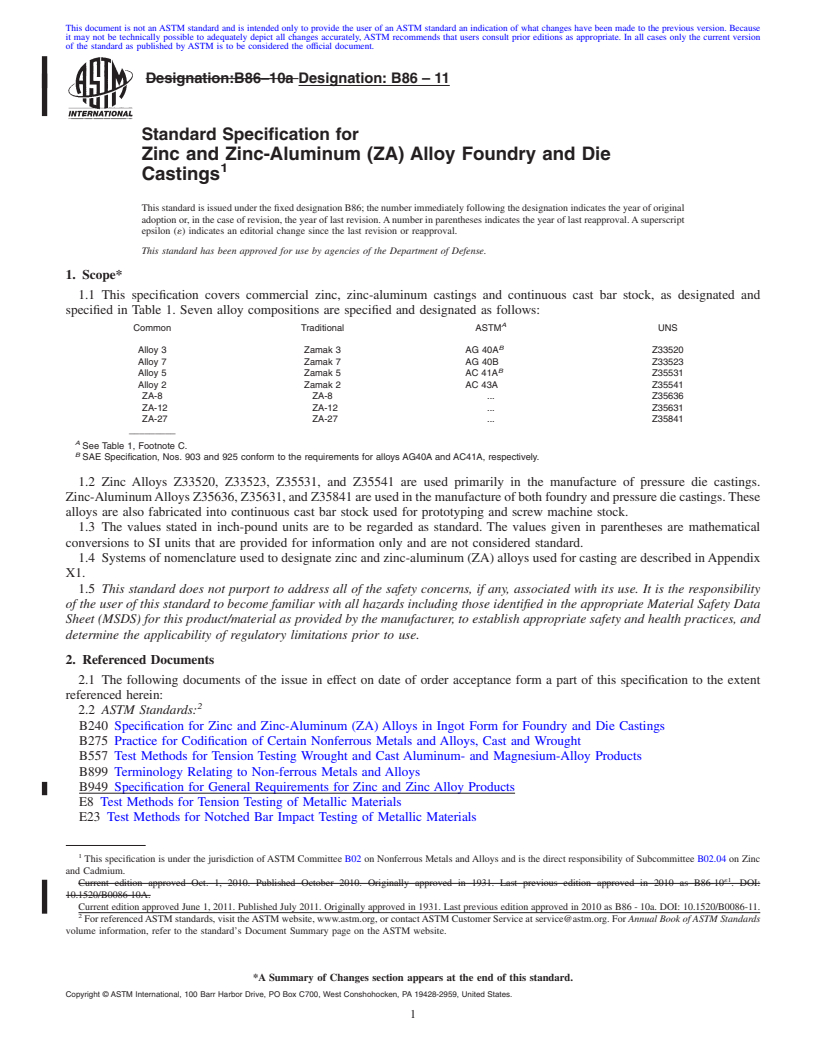 REDLINE ASTM B86-11 - Standard Specification for Zinc and Zinc-Aluminum (ZA) Alloy Foundry and Die Castings