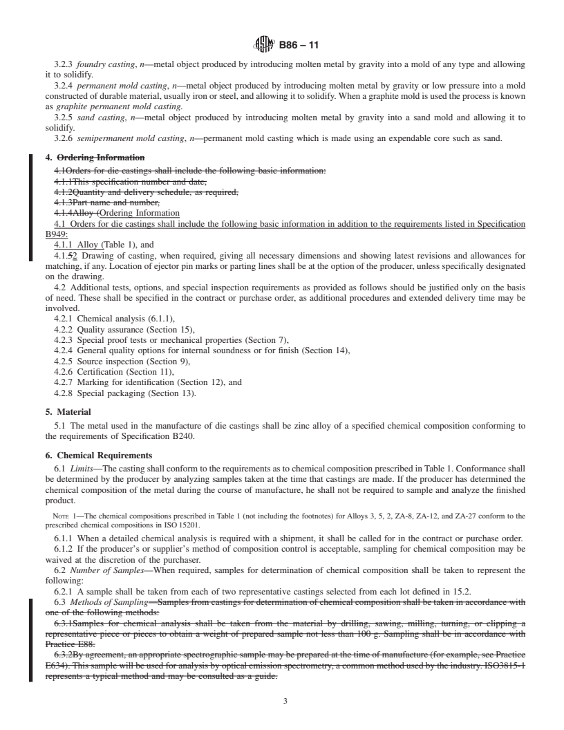 REDLINE ASTM B86-11 - Standard Specification for Zinc and Zinc-Aluminum (ZA) Alloy Foundry and Die Castings