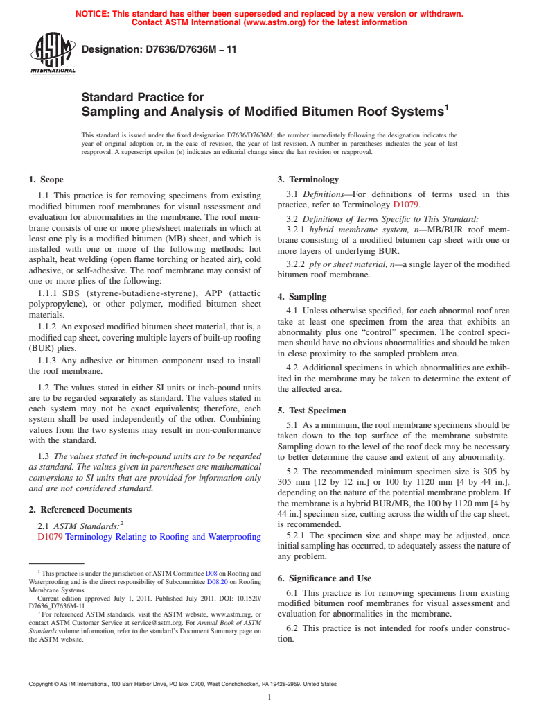 ASTM D7636/D7636M-11 - Standard Practice for Sampling and Analysis of Modified Bitumen Roof Systems