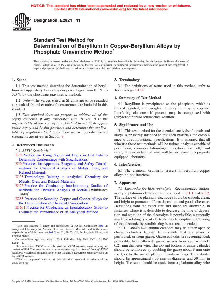 ASTM E2824-11 - Standard Test Method for Determination of Beryllium in Copper-Beryllium Alloys by Phosphate Gravimetric Method