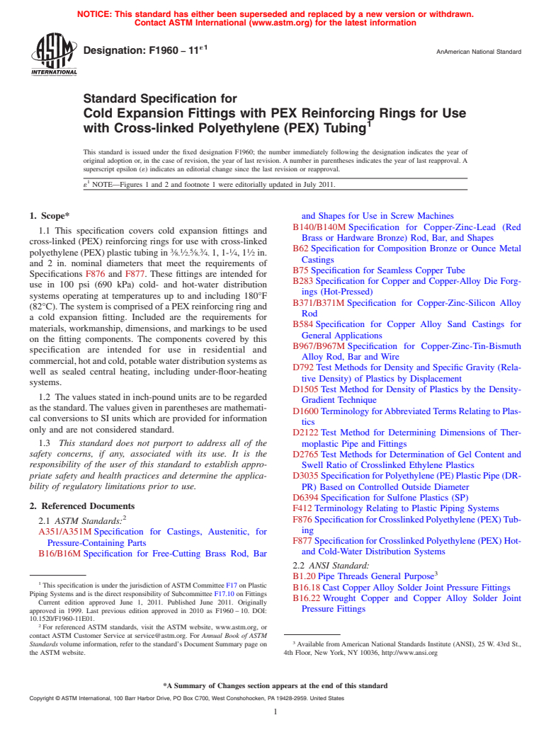 ASTM F1960-11e1 - Standard Specification for Cold Expansion Fittings with PEX Reinforcing Rings for Use with Cross-linked Polyethylene (PEX) Tubing