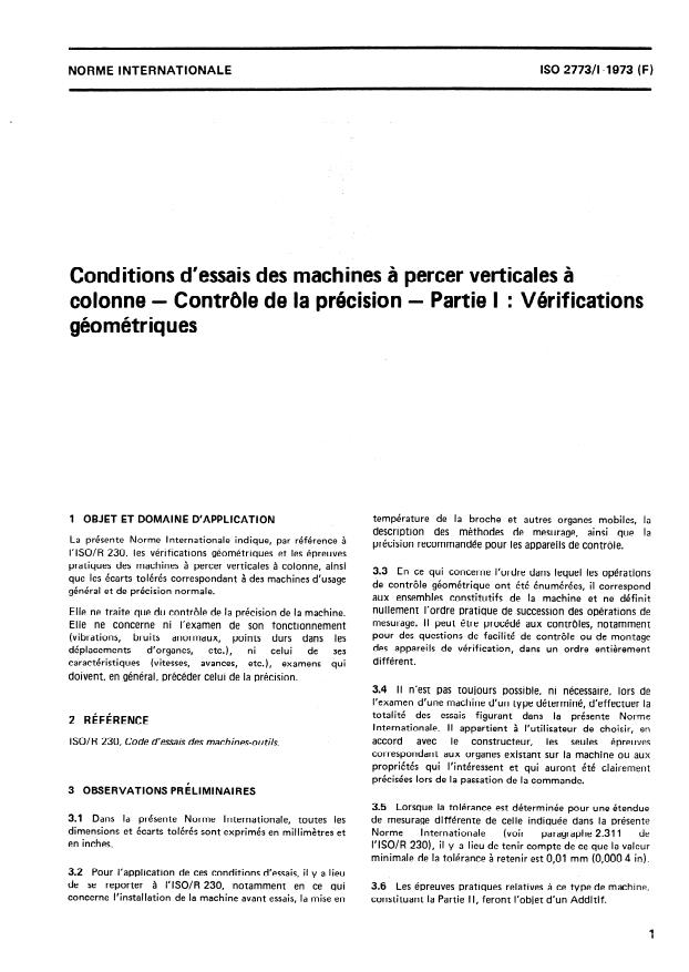 ISO 2773-1:1973 - Conditions d'essais des machines a percer verticales a colonne -- Contrôle de la précision