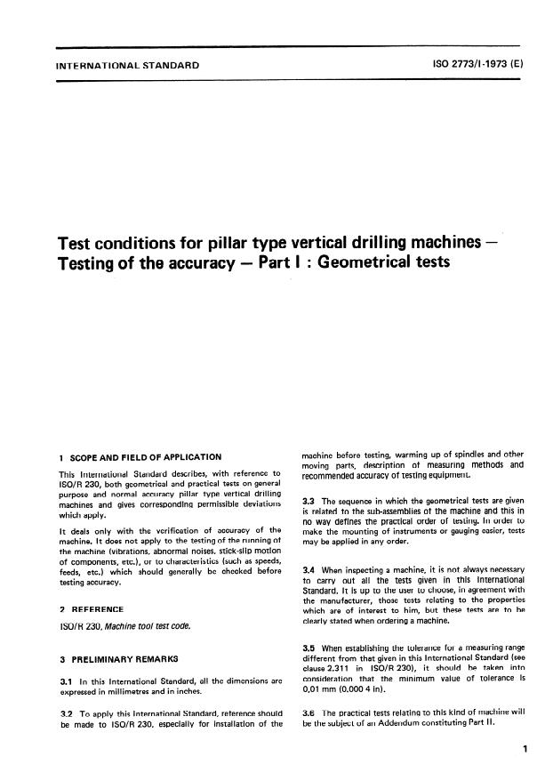 ISO 2773-1:1973 - Test conditions for pillar type vertical drilling machines -- Testing of the accuracy