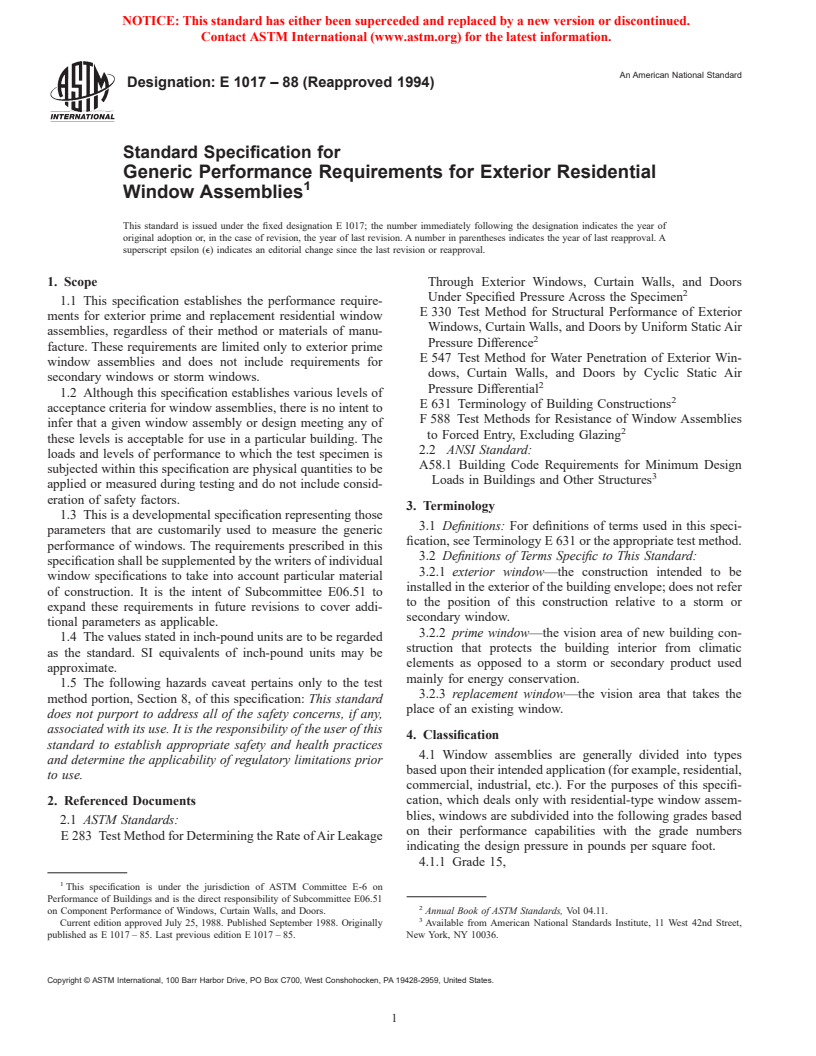 ASTM E1017-88(1994) - Standard Specification for Generic Performance Requirements for Exterior Residential Window Assemblies (Withdrawn 2003)