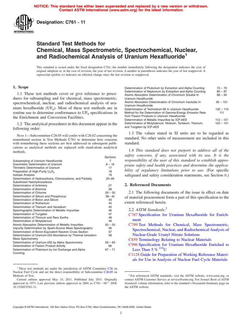 ASTM C761-11 - Standard Test Methods for Chemical, Mass Spectrometric, Spectrochemical, Nuclear, and Radiochemical Analysis of Uranium Hexafluoride