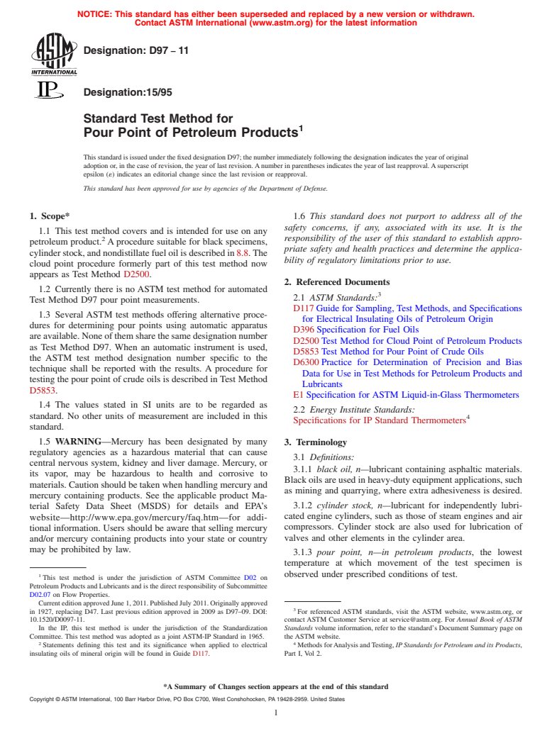 ASTM D97-11 - Standard Test Method for Pour Point of Petroleum Products