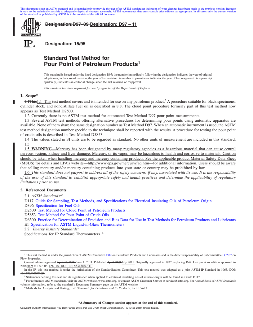 REDLINE ASTM D97-11 - Standard Test Method for Pour Point of Petroleum Products