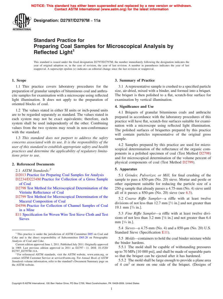 ASTM D2797/D2797M-11a - Standard Practice for  Preparing Coal Samples for Microscopical Analysis by Reflected Light