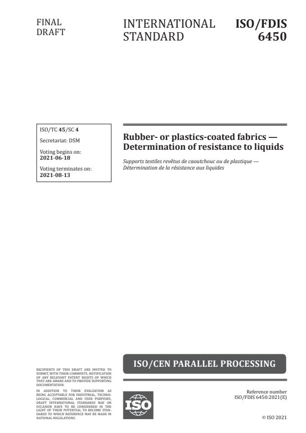 ISO/FDIS 6450:Version 12-jun-2021 - Rubber- or plastics-coated fabrics -- Determination of resistance to liquids