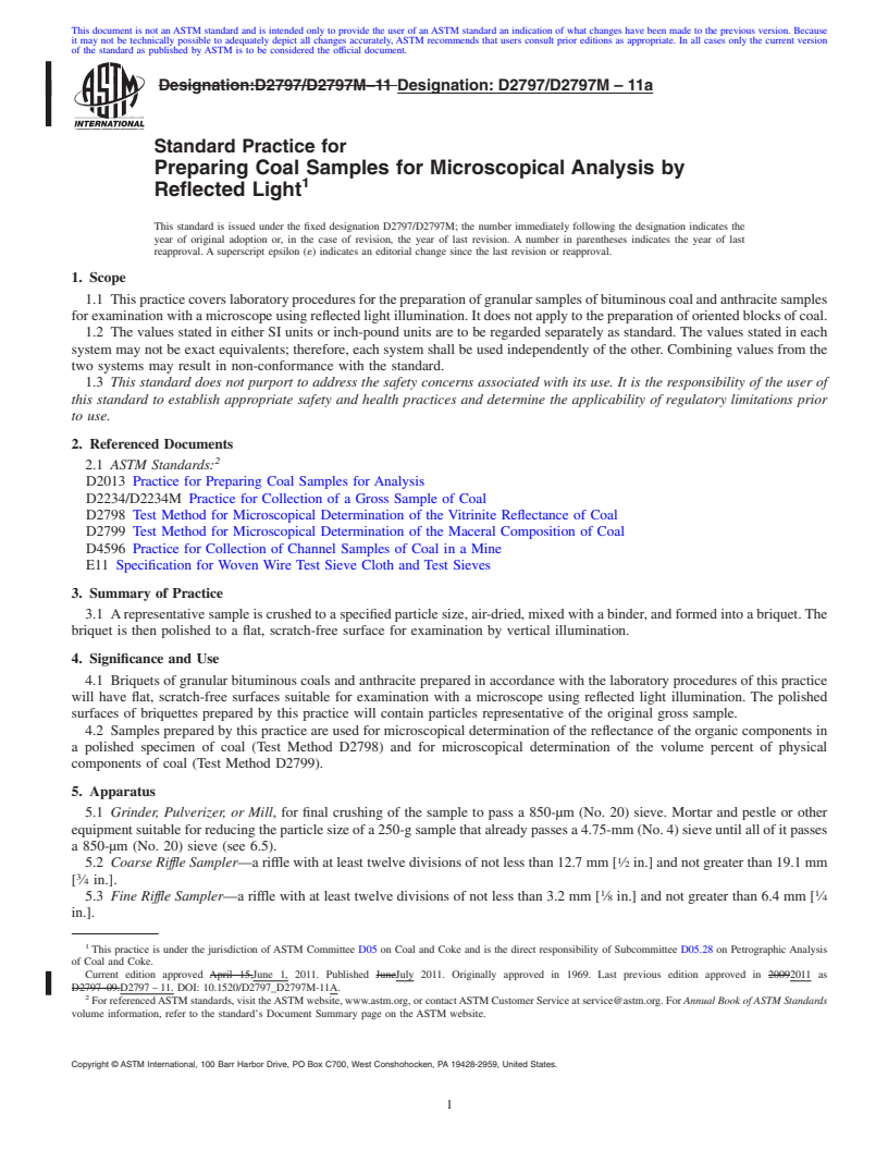 REDLINE ASTM D2797/D2797M-11a - Standard Practice for  Preparing Coal Samples for Microscopical Analysis by Reflected Light