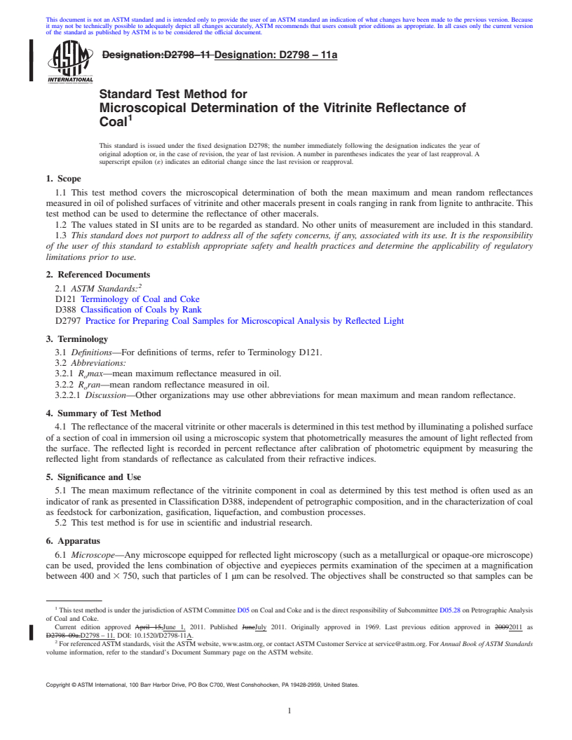 REDLINE ASTM D2798-11a - Standard Test Method for Microscopical Determination of the Vitrinite Reflectance of Coal