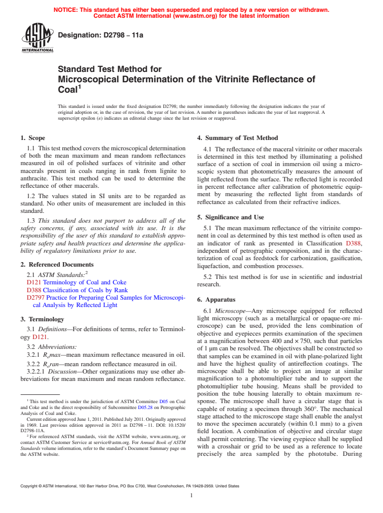 ASTM D2798-11a - Standard Test Method for Microscopical Determination of the Vitrinite Reflectance of Coal