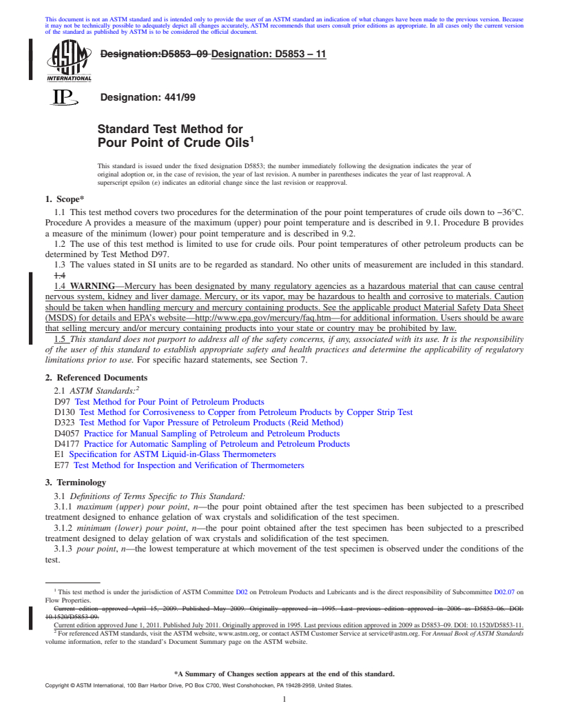 REDLINE ASTM D5853-11 - Standard Test Method for Pour Point of Crude Oils