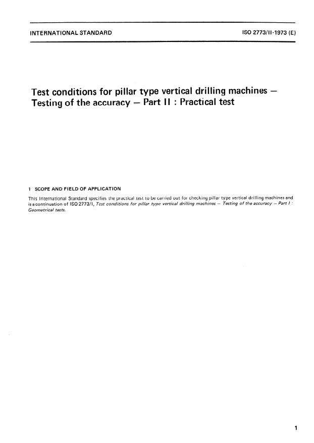 ISO 2773-2:1973 - Test conditions for pillar type vertical drilling machines -- Testing of the accuracy