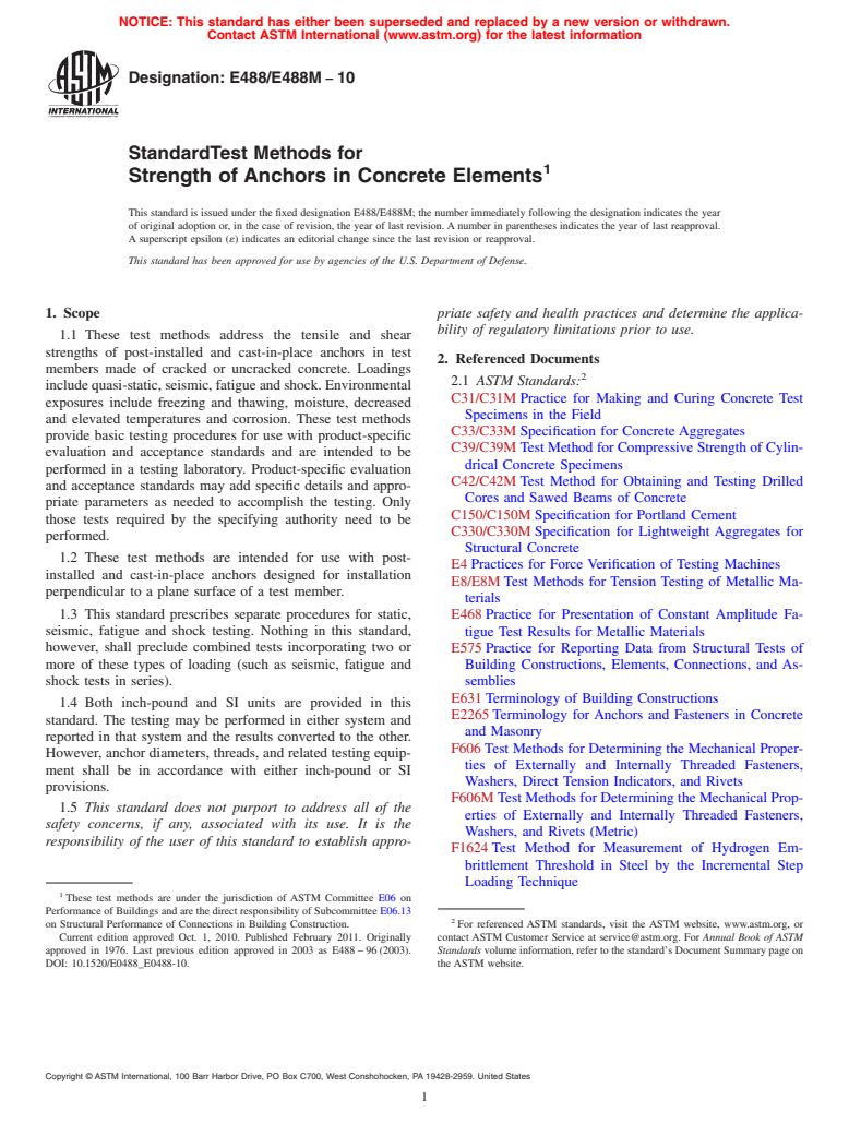 ASTM E488/E488M-10 - Standard Test Methods for Strength of Anchors in Concrete Elements