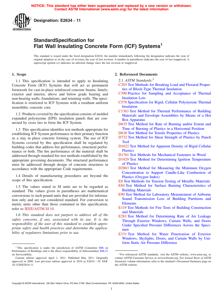 ASTM E2634-11 - Standard Specification for Flat Wall Insulating Concrete Form (ICF) Systems