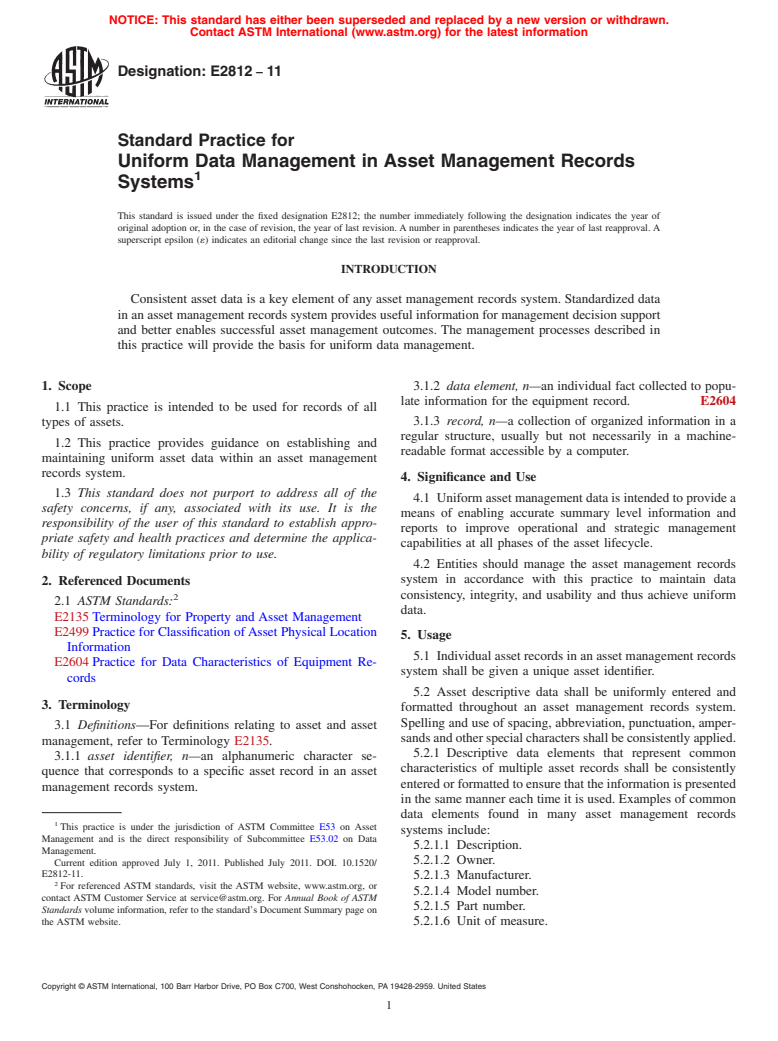 ASTM E2812-11 - Standard Practice for Uniform Data Management in Asset Management Records Systems