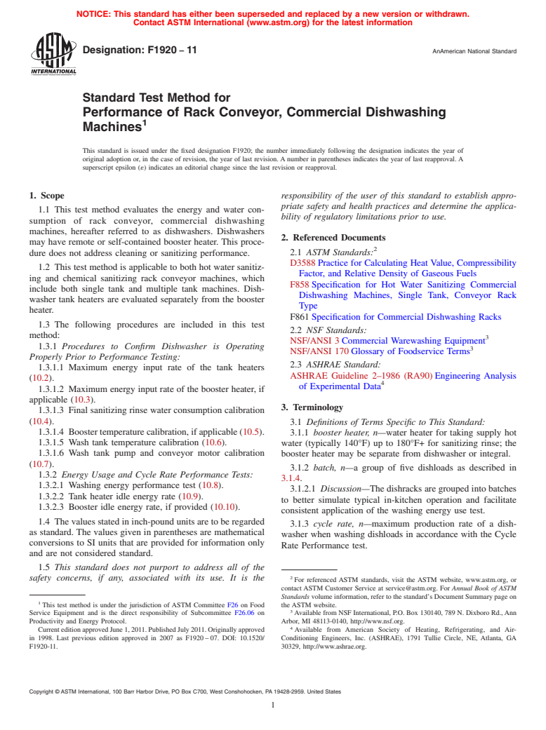 ASTM F1920-11 - Standard Test Method for Performance of Rack Conveyor, Commercial Dishwashing Machines