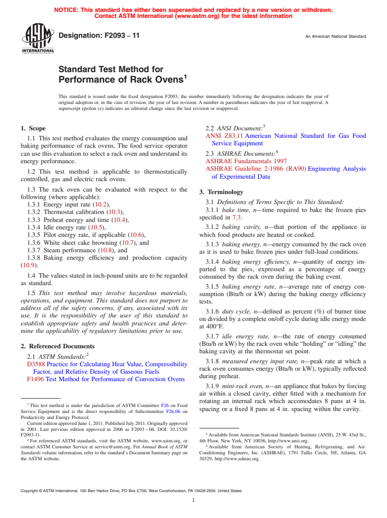 ASTM F2093-11 - Standard Test Method for Performance of Rack Ovens