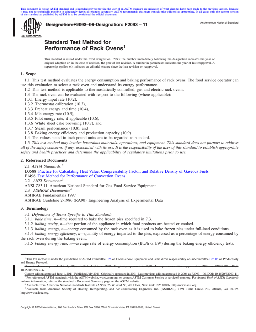 REDLINE ASTM F2093-11 - Standard Test Method for Performance of Rack Ovens