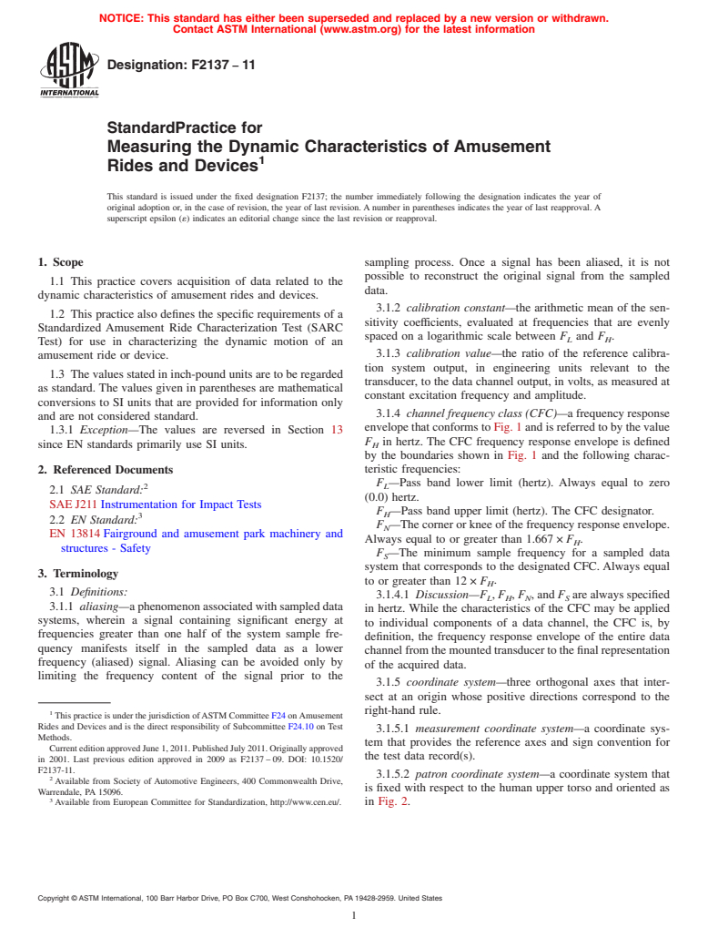 ASTM F2137-11 - Standard Practice for Measuring the Dynamic Characteristics of Amusement Rides and Devices