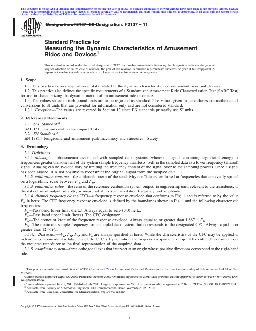 REDLINE ASTM F2137-11 - Standard Practice for Measuring the Dynamic Characteristics of Amusement Rides and Devices