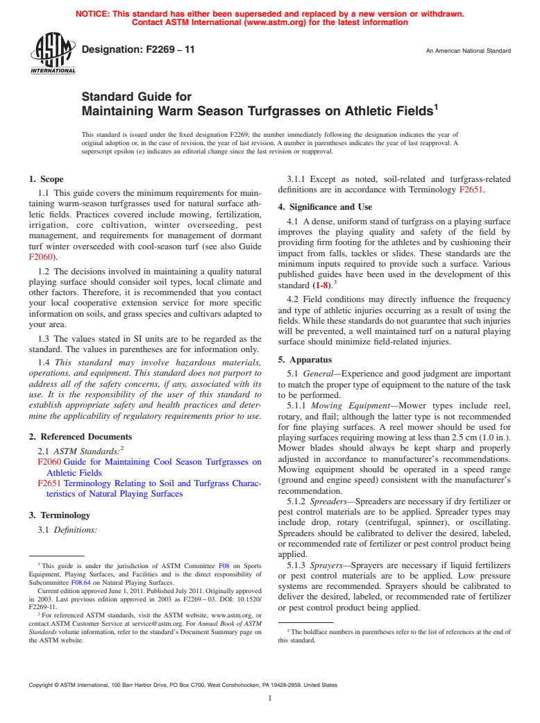 ASTM F2269-11 - Standard Guide for Maintaining Warm Season Turfgrasses on Athletic Fields