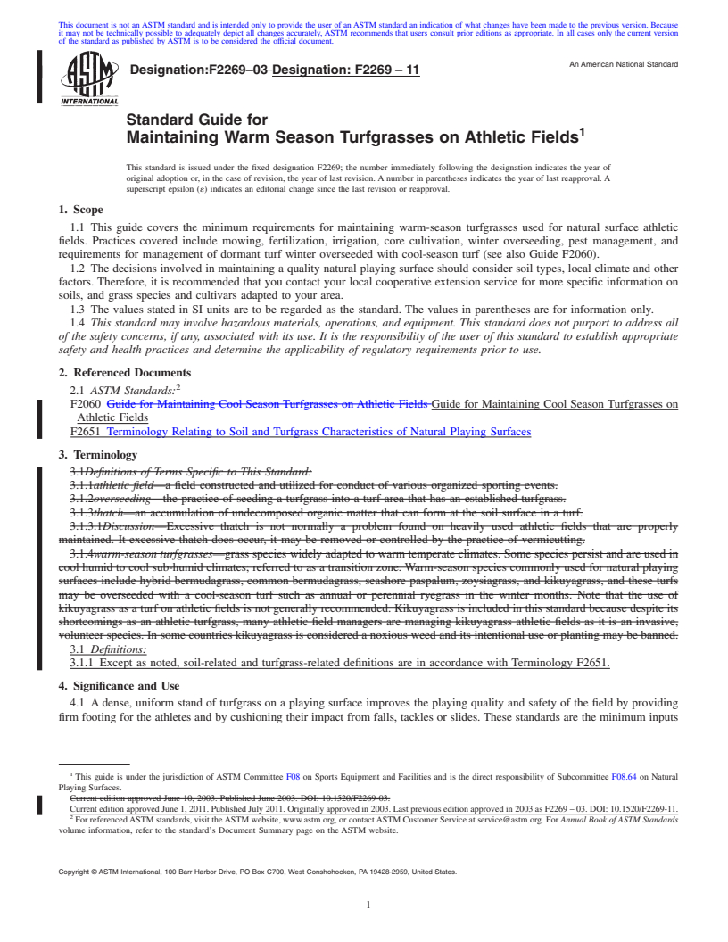 REDLINE ASTM F2269-11 - Standard Guide for Maintaining Warm Season Turfgrasses on Athletic Fields