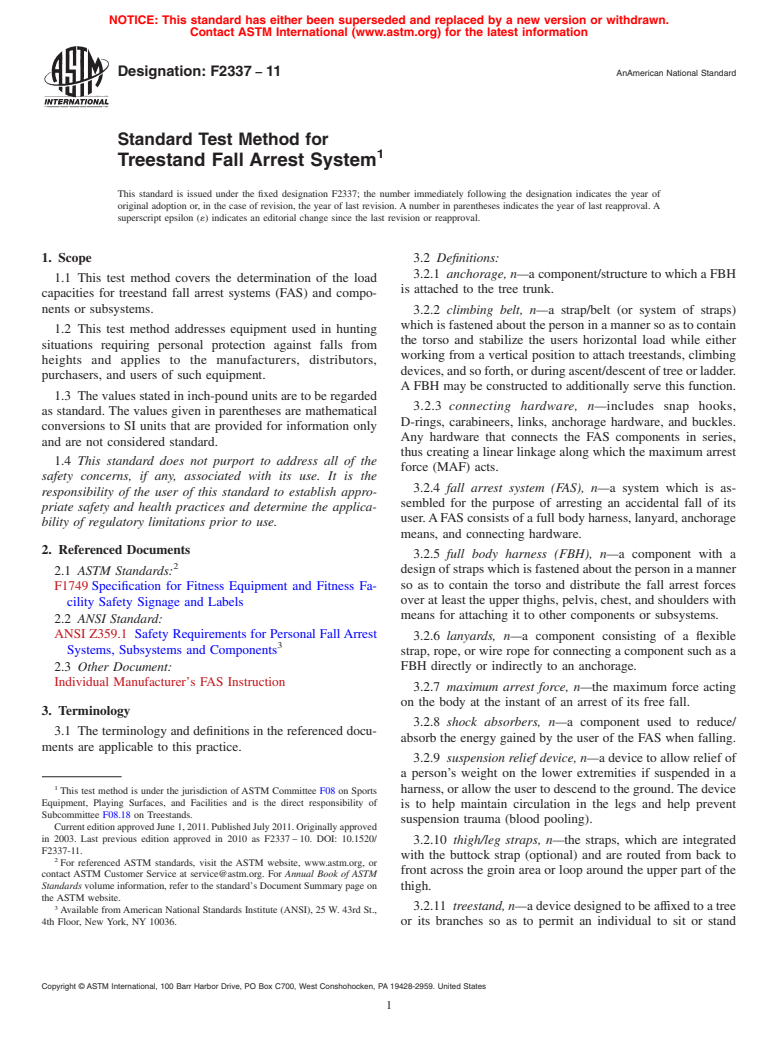 ASTM F2337-11 - Standard Test Method for Treestand Fall Arrest System