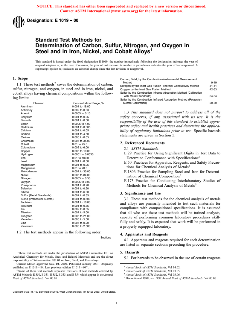 ASTM E1019-00 - Standard Test Methods for Determination of Carbon, Sulfur, Nitrogen, and Oxygen in Steel and in Iron, Nickel, and Cobalt Alloys