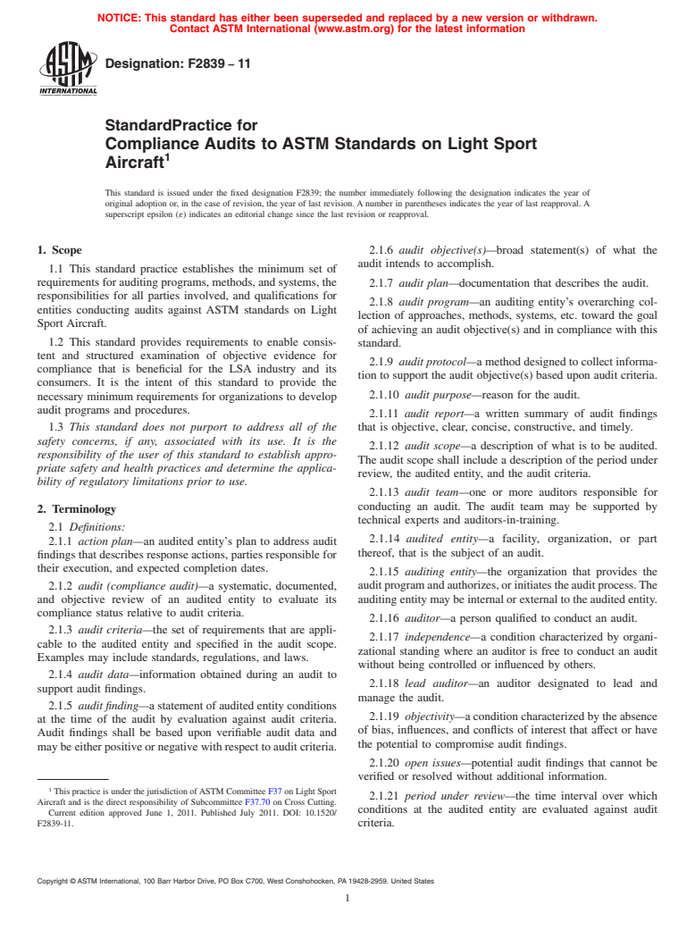 ASTM F2839-11 - Standard Practice for Compliance Audits to ASTM Standards on Light Sport Aircraft