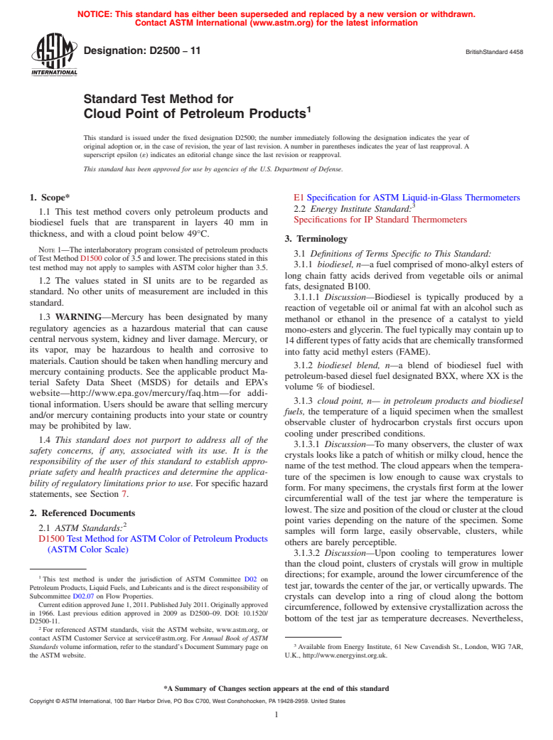 ASTM D2500-11 - Standard Test Method for Cloud Point of Petroleum Products