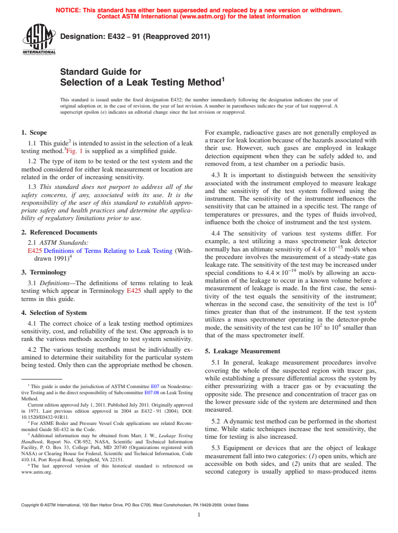 ASTM E432-91(2011) - Standard Guide for Selection of a Leak Testing Method