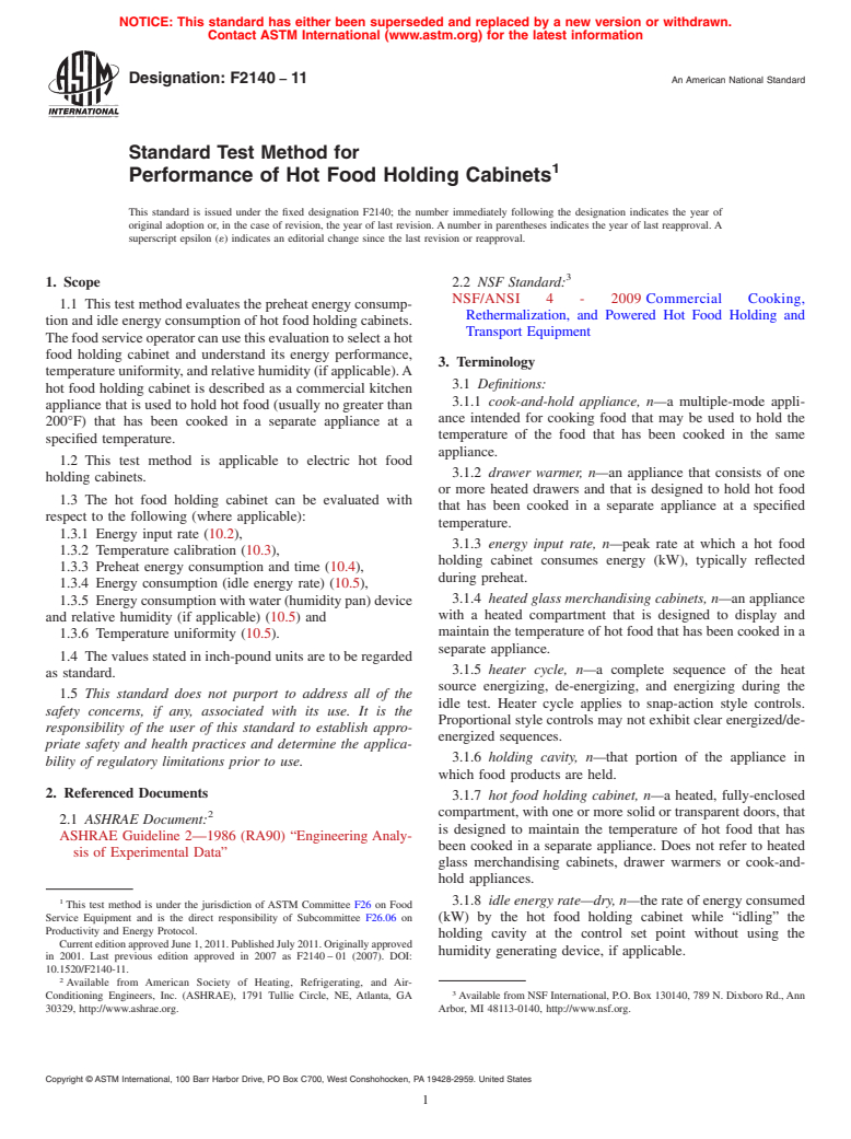 ASTM F2140-11 - Standard Test Method for Performance of Hot Food Holding Cabinets