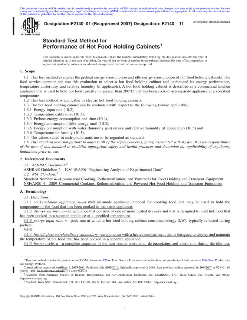 REDLINE ASTM F2140-11 - Standard Test Method for Performance of Hot Food Holding Cabinets