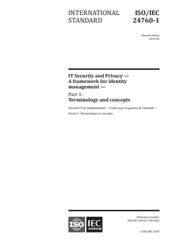 ISO/IEC 24760-1:2019 - IT Security and Privacy — A framework for identity management — Part 1: Terminology and concepts
Released:5/29/2019 - Page 1 preview