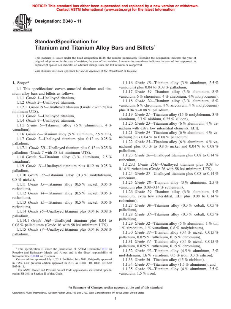 ASTM B348-11 - Standard Specification for  Titanium and Titanium Alloy Bars and Billets