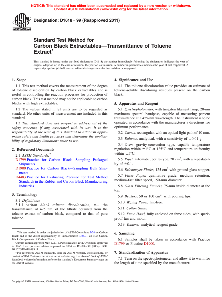 ASTM D1618-99(2011) - Standard Test Method for  Carbon Black Extractables<char: emdash>Transmittance of Toluene Extract