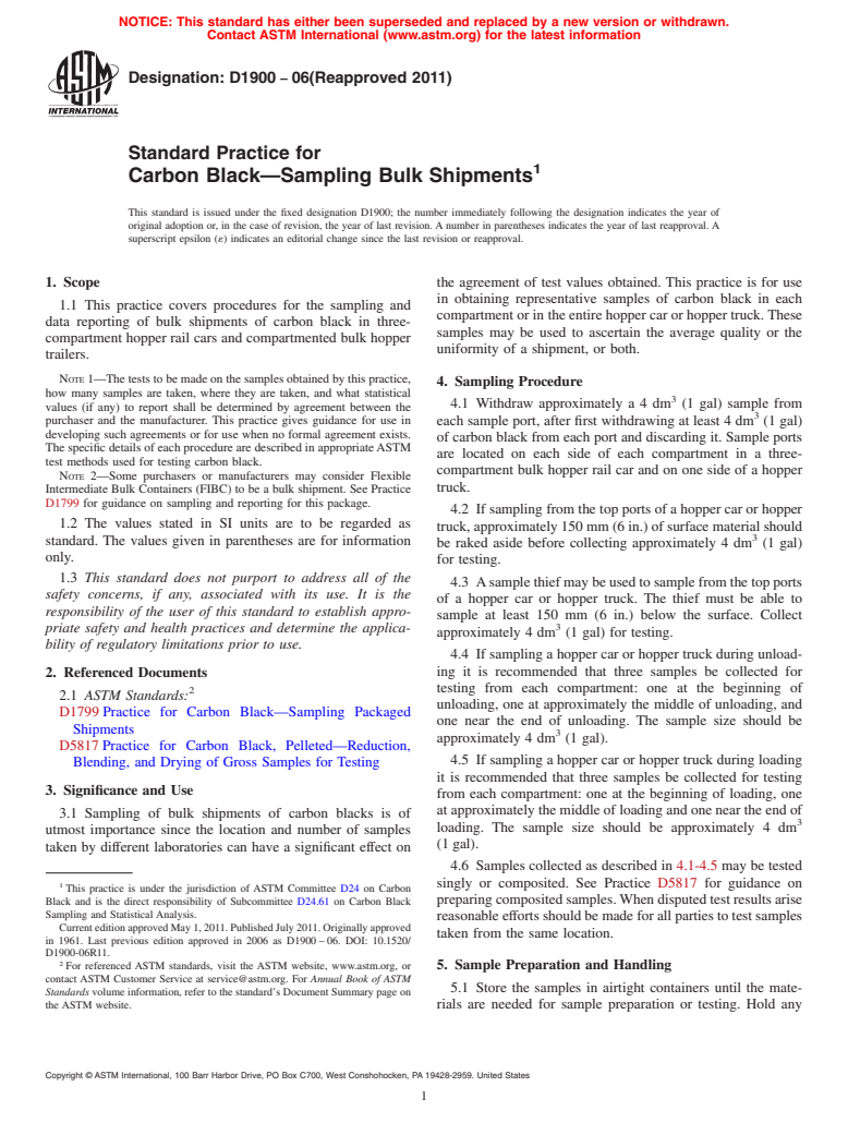 ASTM D1900-06(2011) - Standard Practice for  Carbon Black<char: emdash>Sampling Bulk Shipments