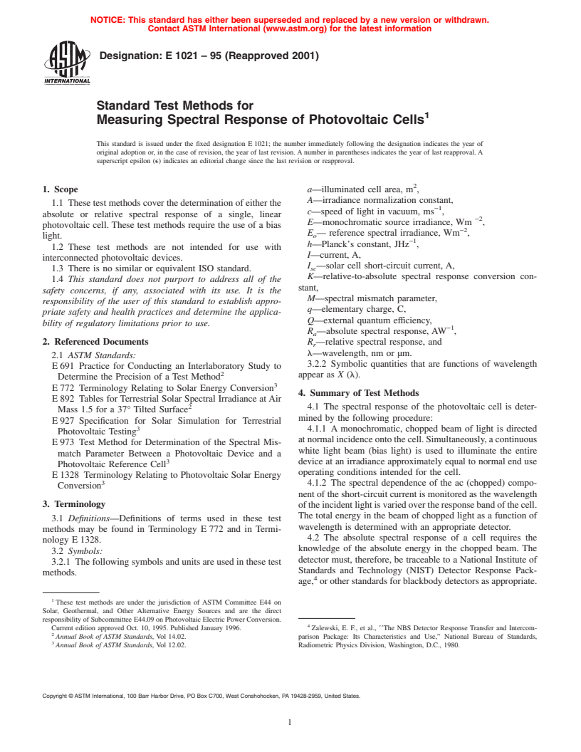 ASTM E1021-95(2001) - Standard Test Methods for Measuring Spectral Response of Photovoltaic Cells