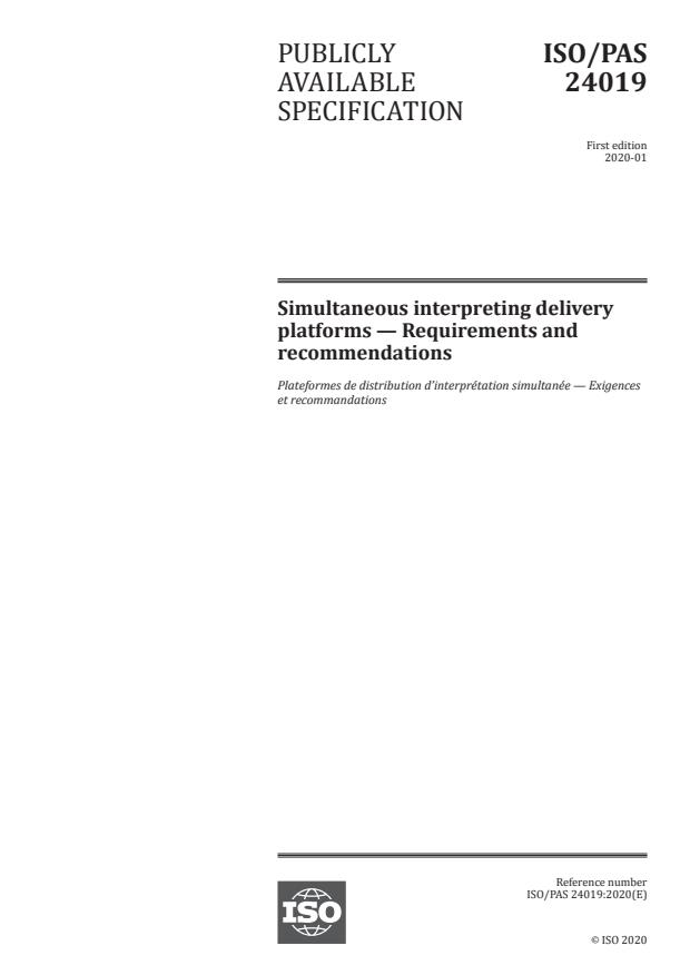 ISO/PAS 24019:2020 - Simultaneous interpreting delivery platforms -- Requirements and recommendations
