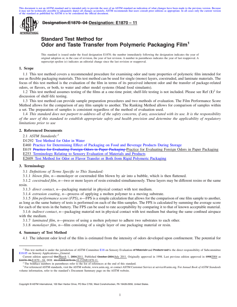 REDLINE ASTM E1870-11 - Standard Test Method for Odor and Taste Transfer from Polymeric Packaging Film