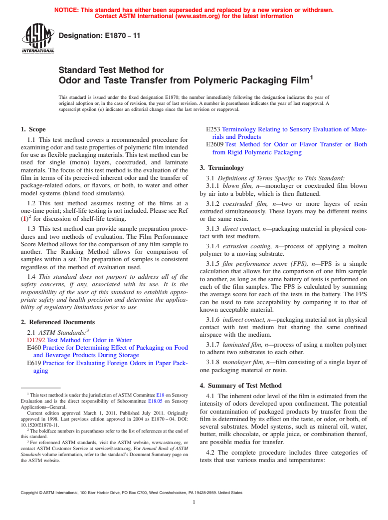 ASTM E1870-11 - Standard Test Method for Odor and Taste Transfer from Polymeric Packaging Film