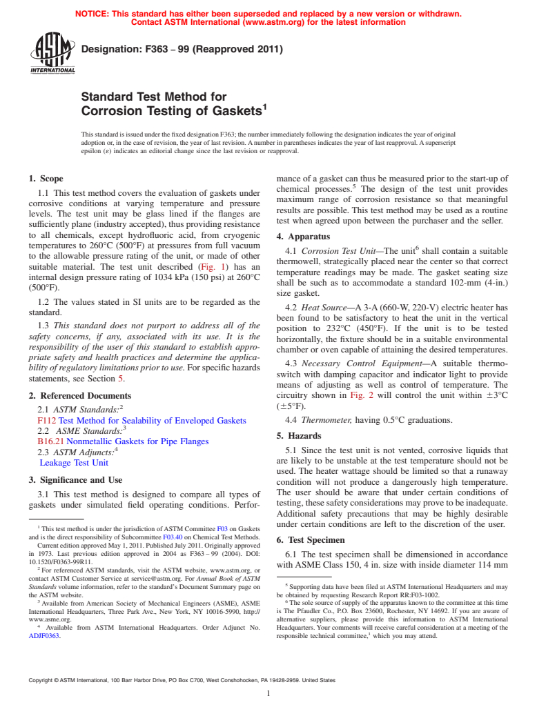 ASTM F363-99(2011) - Standard Test Method for  Corrosion Testing of Gaskets